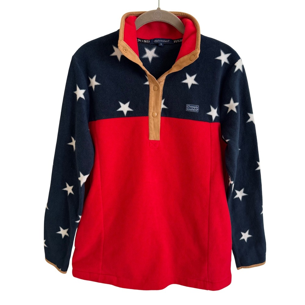 Simply Southern Womens Stars and Stripes Fleece Snap Pullover Red Navy Small